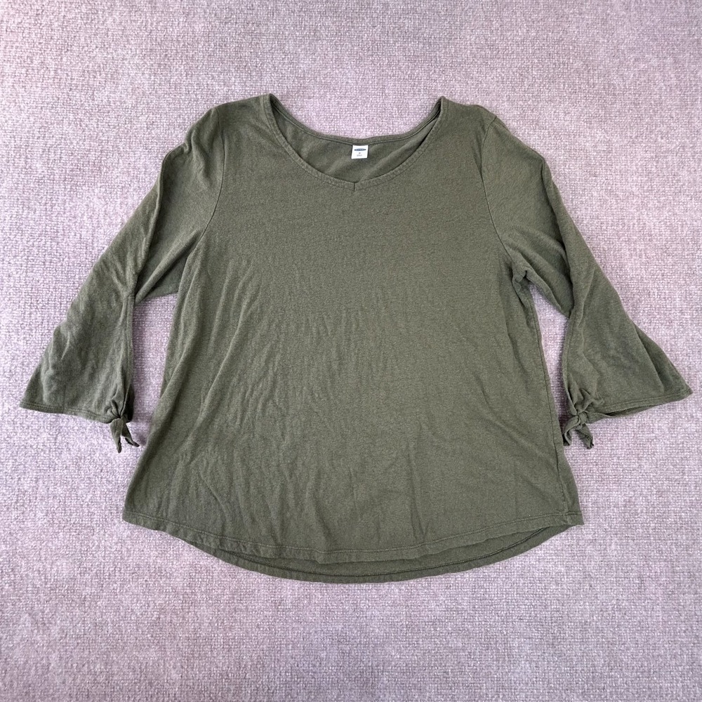 Old Navy Blouse Top Womens Medium Green Cotton Round Hem Tie Sleeve V Neck